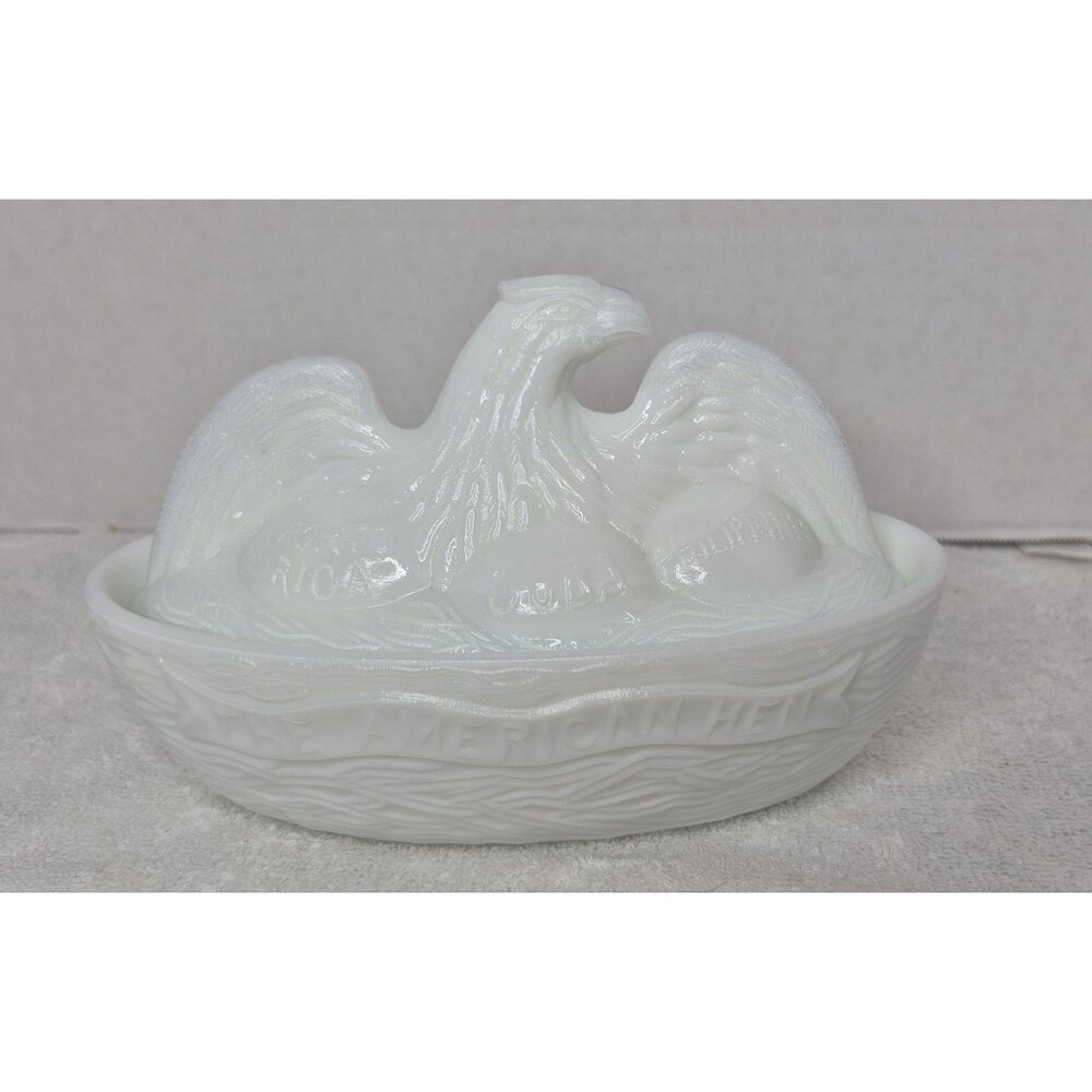 Antique Flaccus Glass Co. Milk Glass The American Hen Eagle on Nest Dish